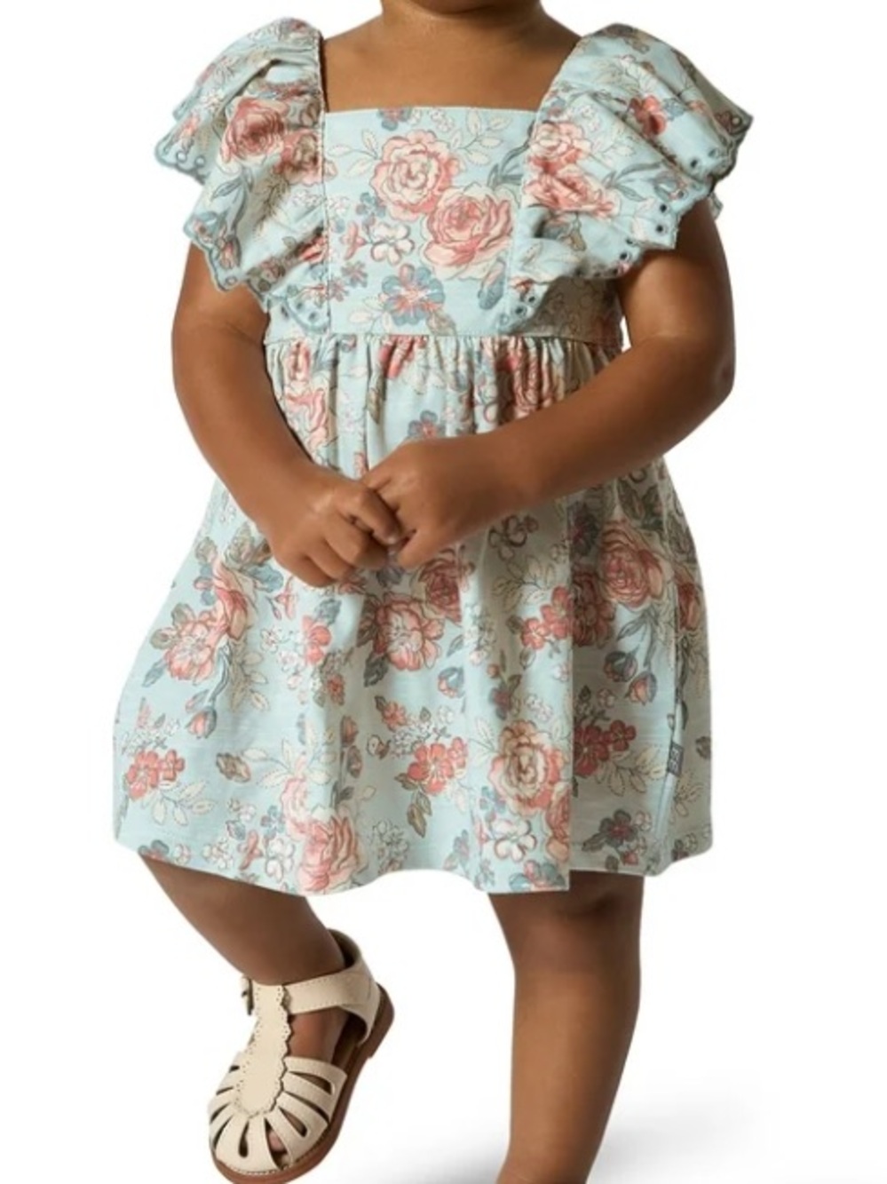 Toddler Floral Square-Neck Dress in Light Blue and Pink